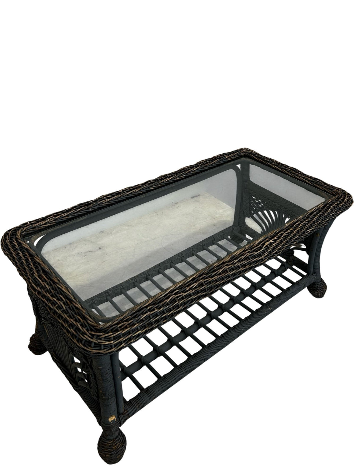 PE Rattan Garden Coffee Table Glass Top Lower Shelf Patio (Pre-Loved)