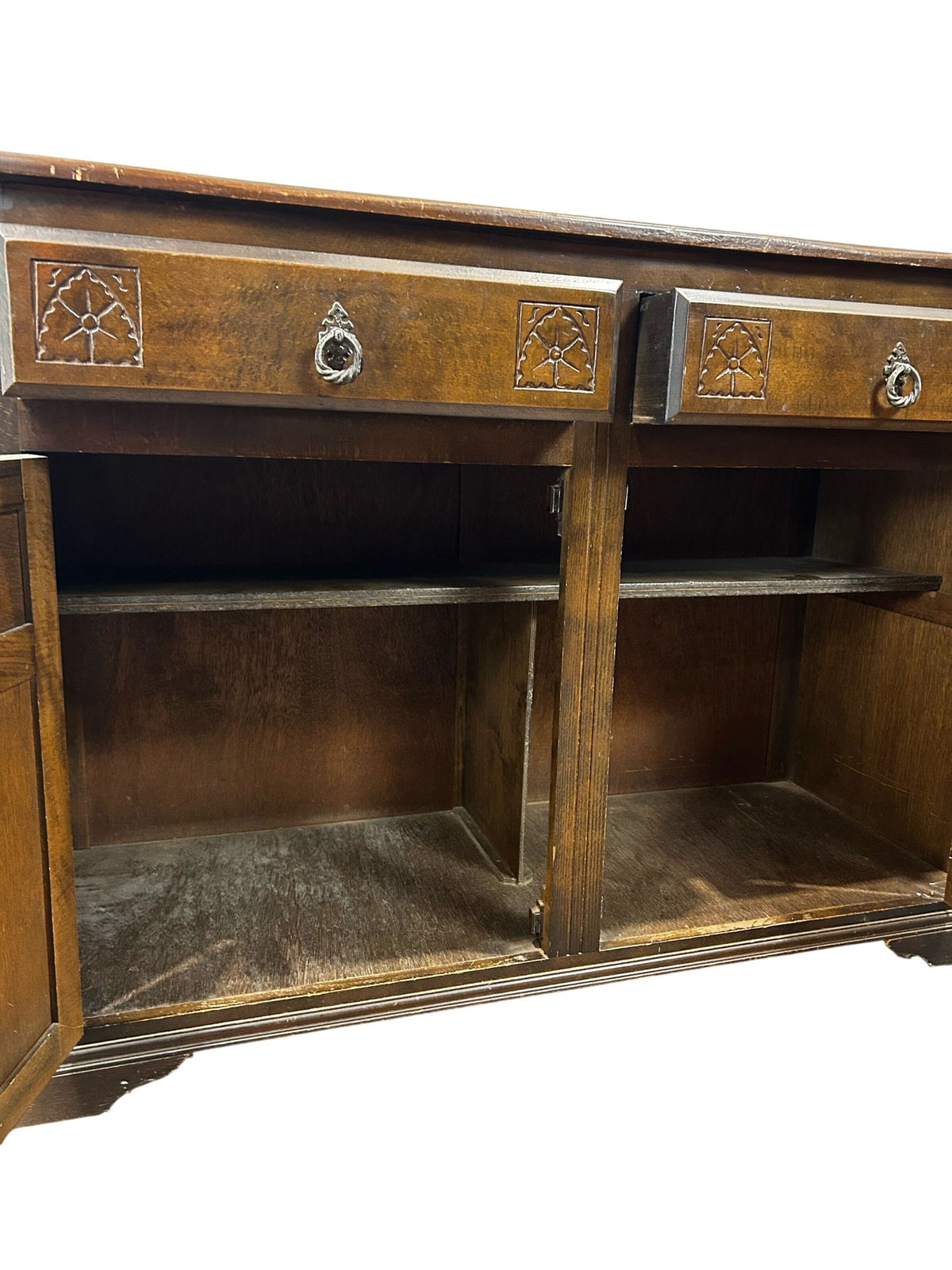 Dark Wood Sideboard with 2 Drawers 2 Door Cupboard Carved Detail (Pre-Loved)