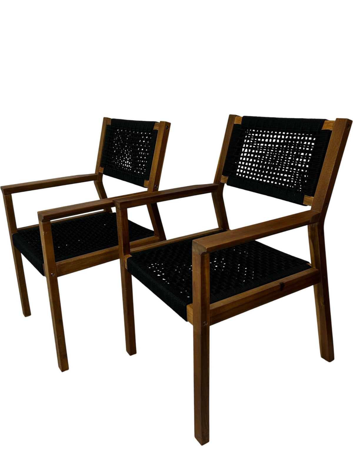 Pair Mid Century Style Wooden Armchairs Black Woven Seats (Pre-Loved)