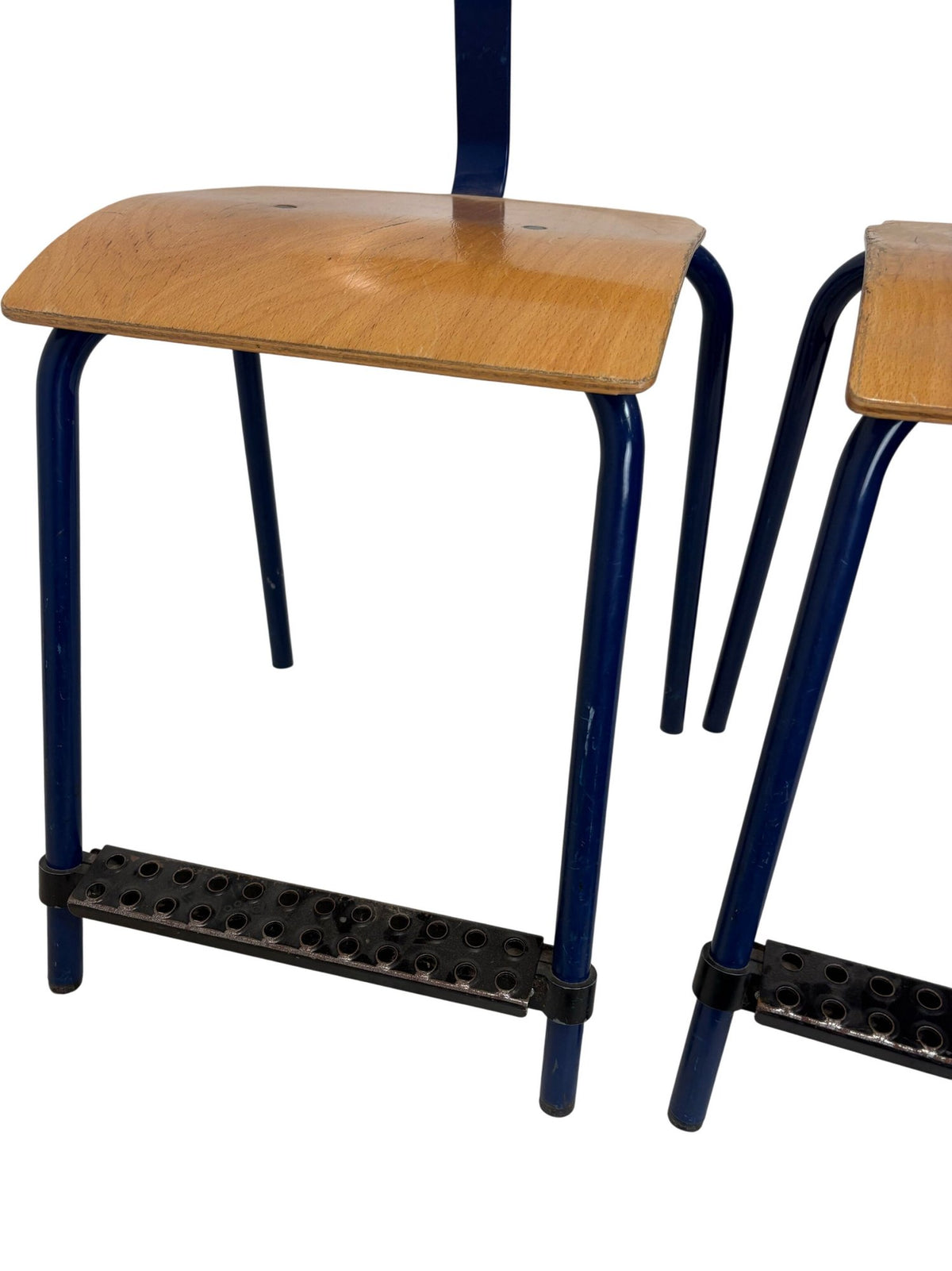 Vintage Wooden School Chairs with Blue Metal Legs (Pre-Loved)