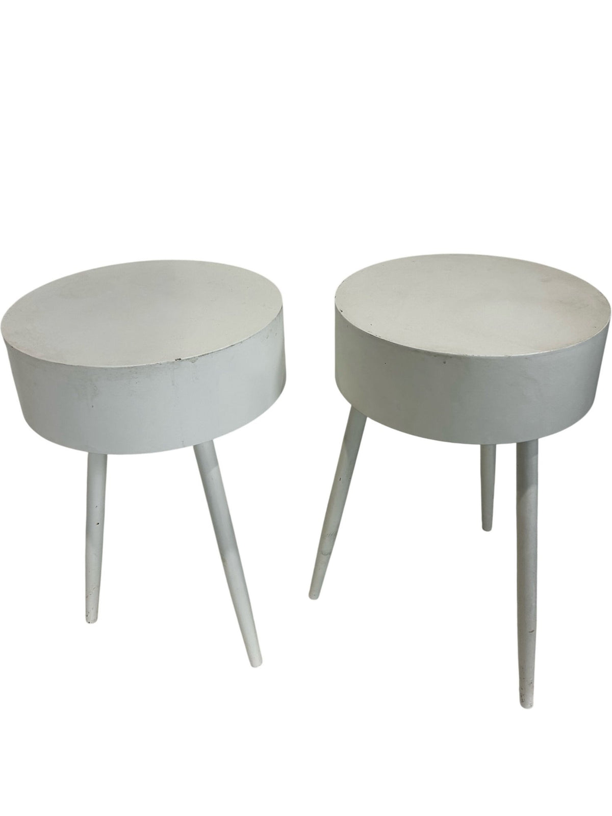 Set of 2 White Round Bedside Tables with Drawer Storage Tapered Legs (Pre-Loved)