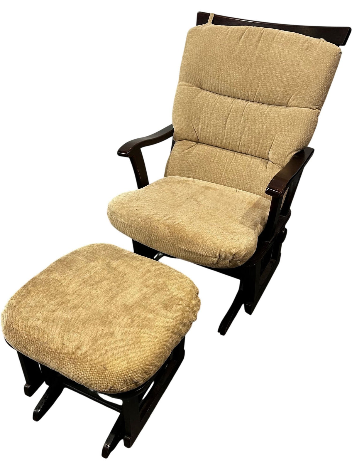 Beige Glider Rocking Chair with Matching Footstool Wooden Frame (Pre-Loved)