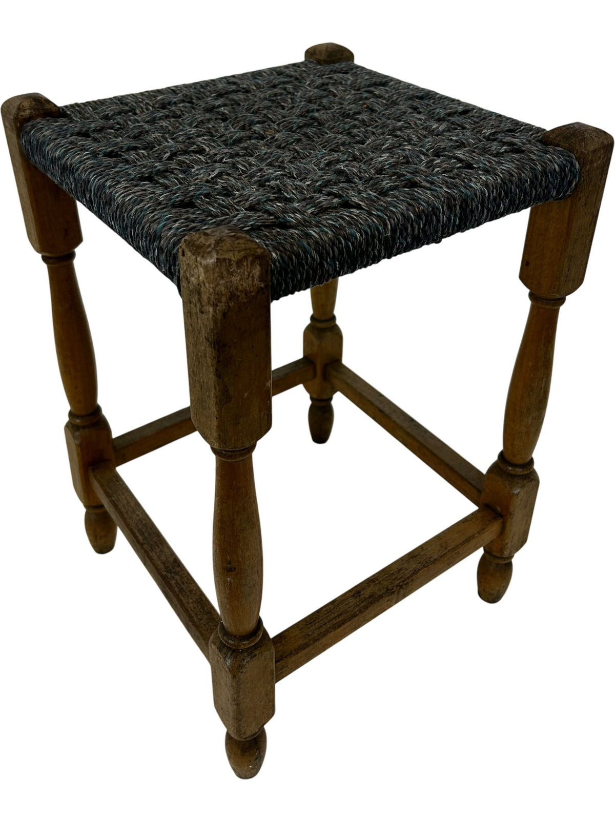 Wooden Stool Woven Rush Seat Turned Legs Square Footstool Brown (Pre-Loved)