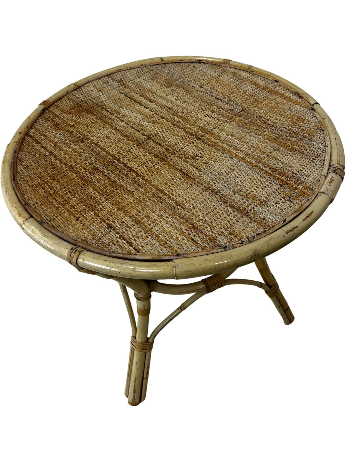 Vintage Rattan Wicker Round Side Table Boho Conservatory 60cm (Pre-Loved)