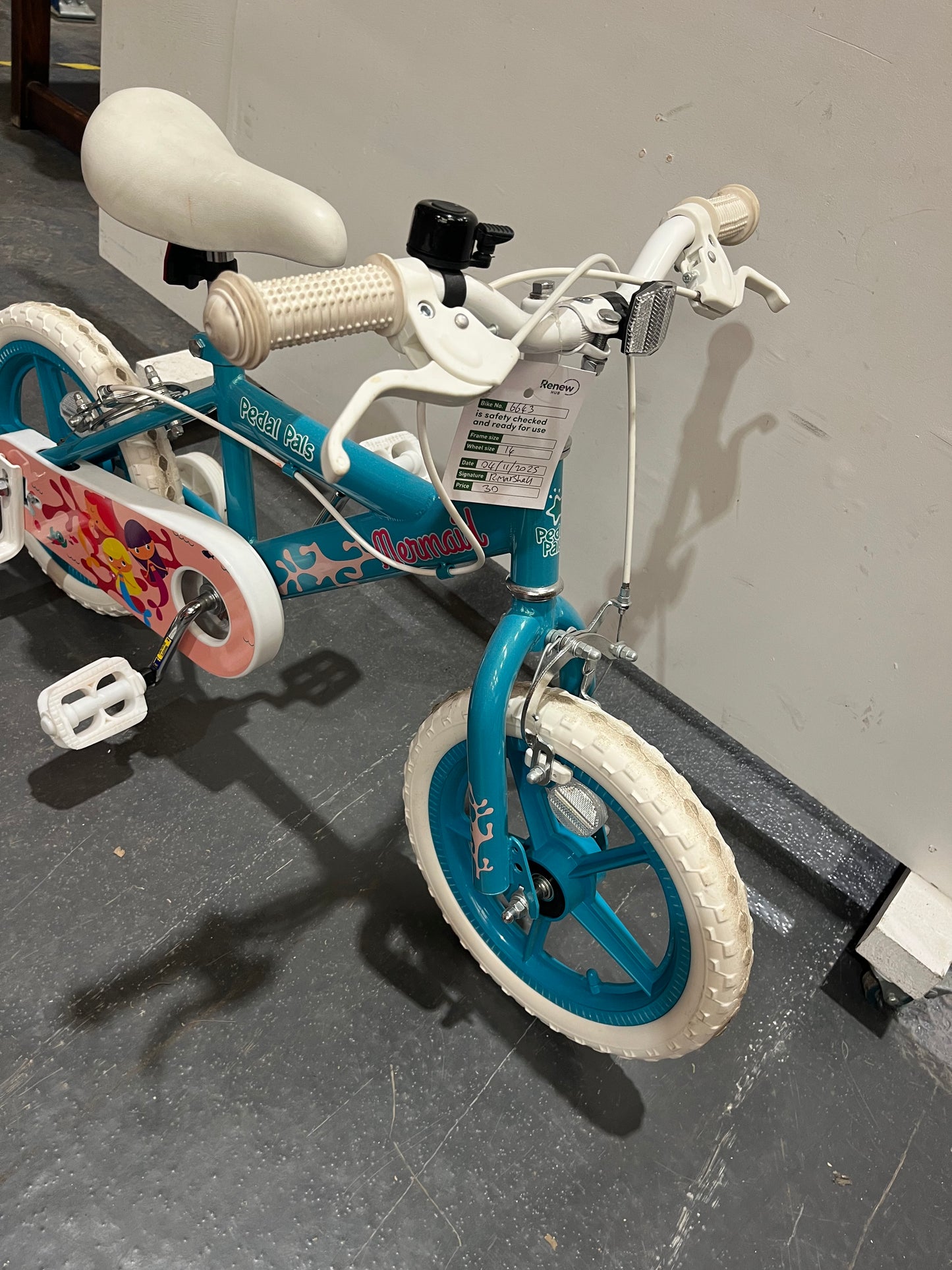 Pedal Pals Teal Mermaid 14” Children’s Bike With Stabilisers (Pre-Loved)