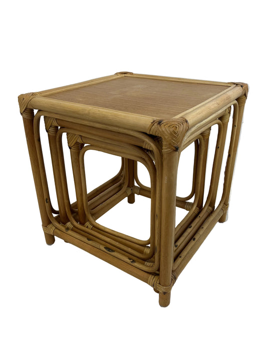 Vintage Tiki-Style Nest Set Of 3 Bamboo Rattan Side Tables (Pre-Loved)
