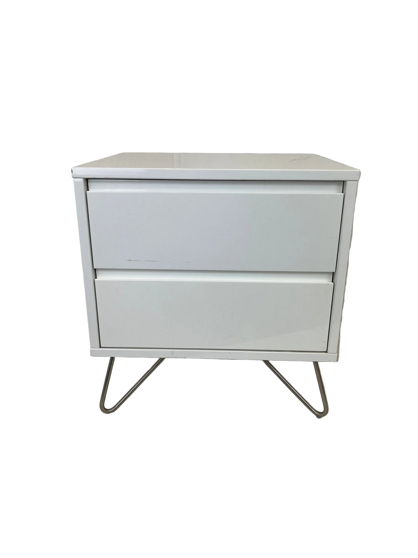 Elona Made White Bedside Tables With Silver Hairpin Legs (Pre-Loved)