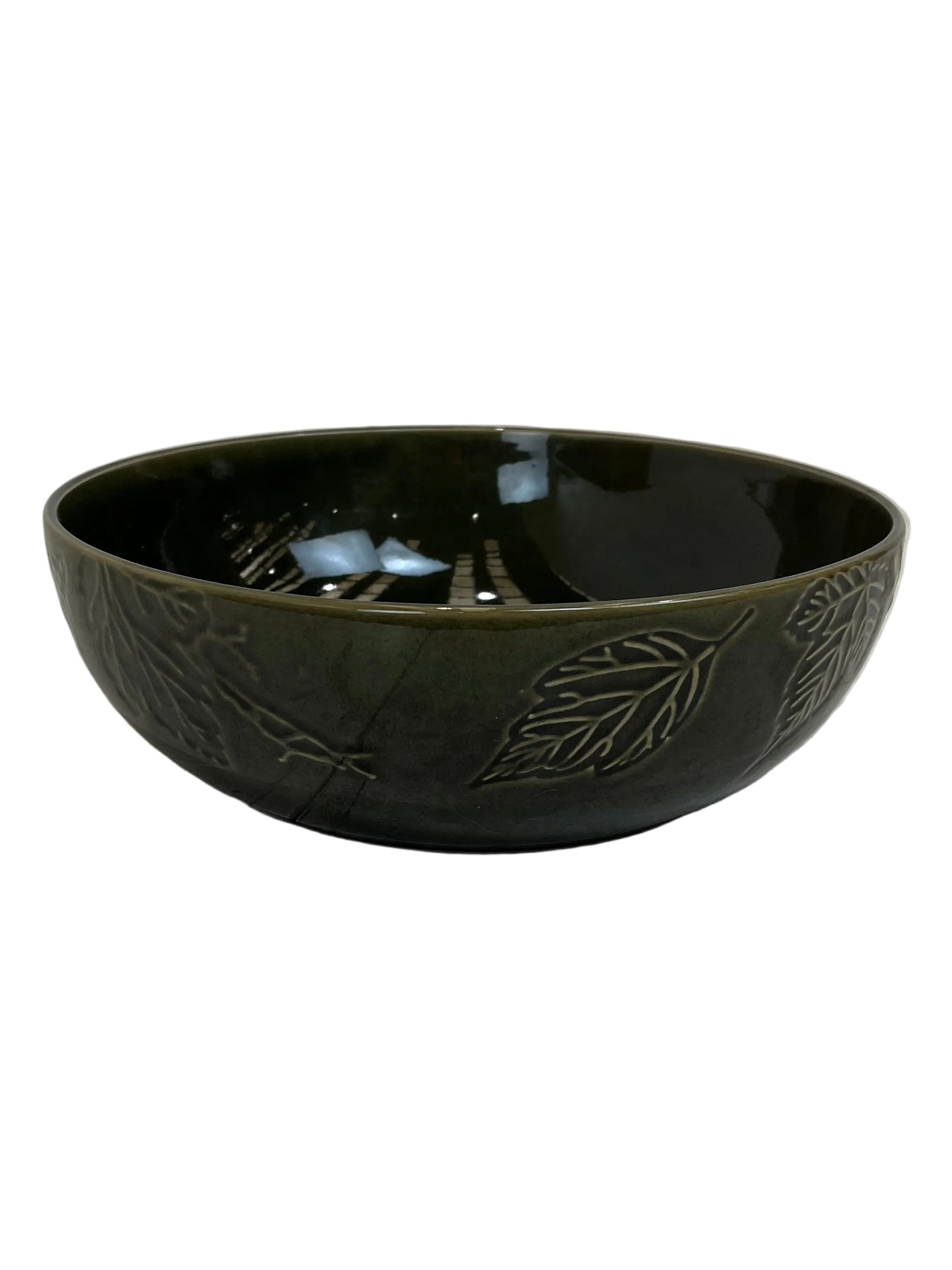 Stoneware Dark Green Fern Embossed Bowl (Pre-Loved)