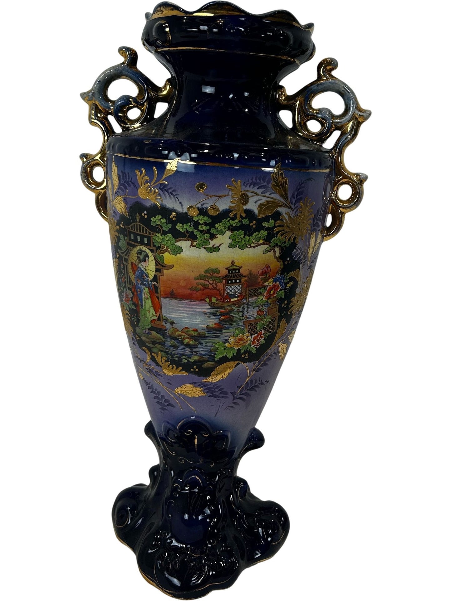 Ornate Blue Ceramic Vase Oriental Style Decorative Handles (Pre-Loved)