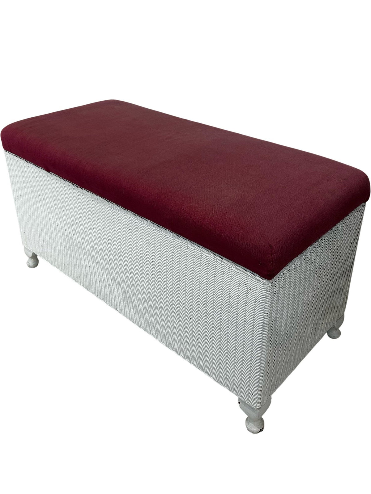 White Wicker Storage Bench Lift Up Burgundy Cushion Ottoman (Pre-Loved)