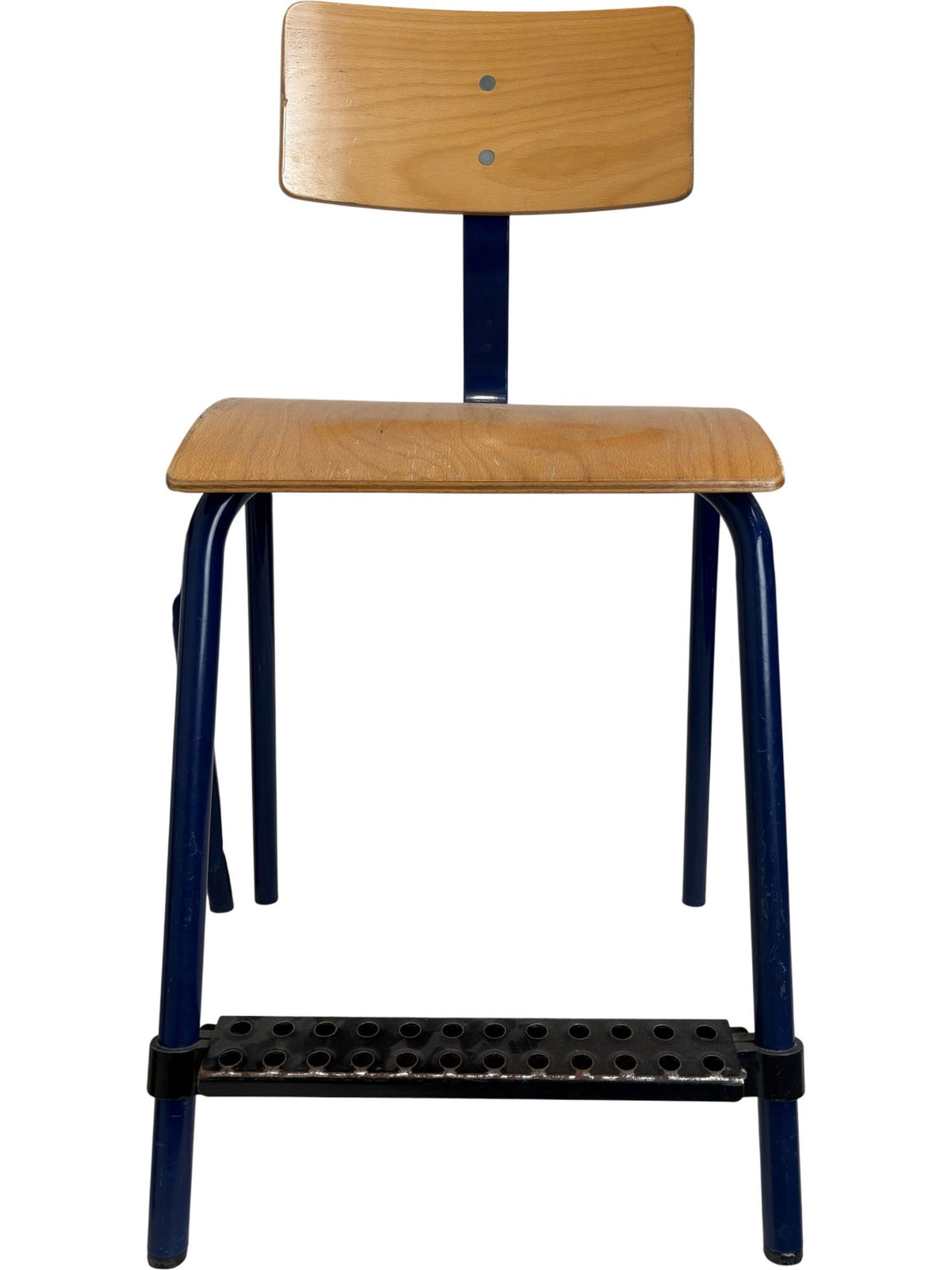 Vintage Wooden School Chairs with Blue Metal Legs (Pre-Loved)