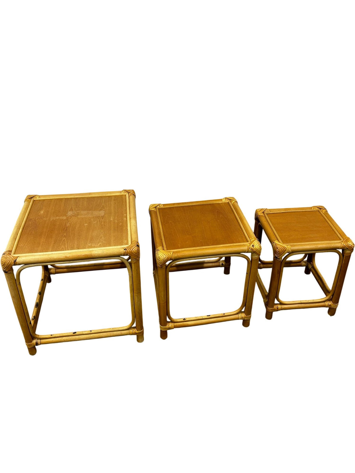 Rattan Nest of 3 Square Side Tables Natural Boho Wicker Style (Pre-Loved)