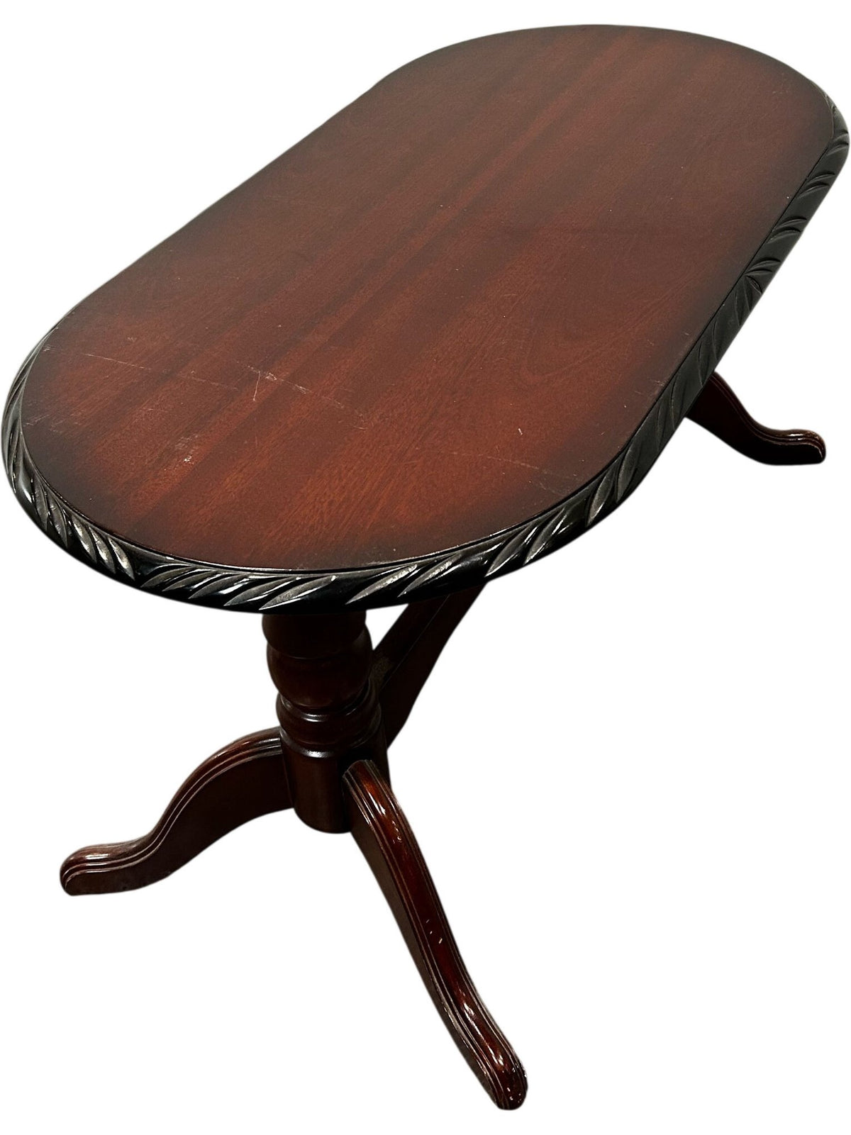 Vintage Oval Coffee Table Carved Edge Pedestal Base Mahogany Style (Pre-Loved)