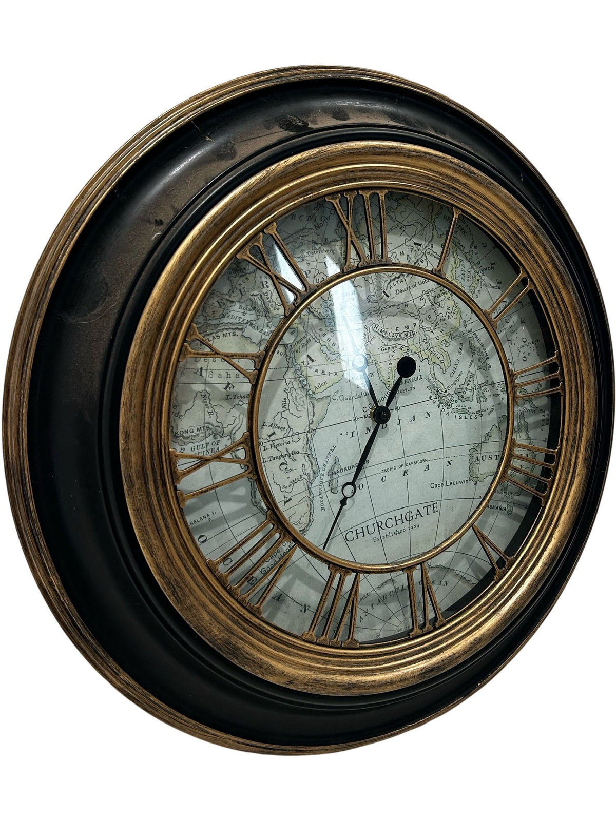 Churchgate Large Wall Clock 60cm Roman Numerals Black Gold Map Style (Pre-Loved)