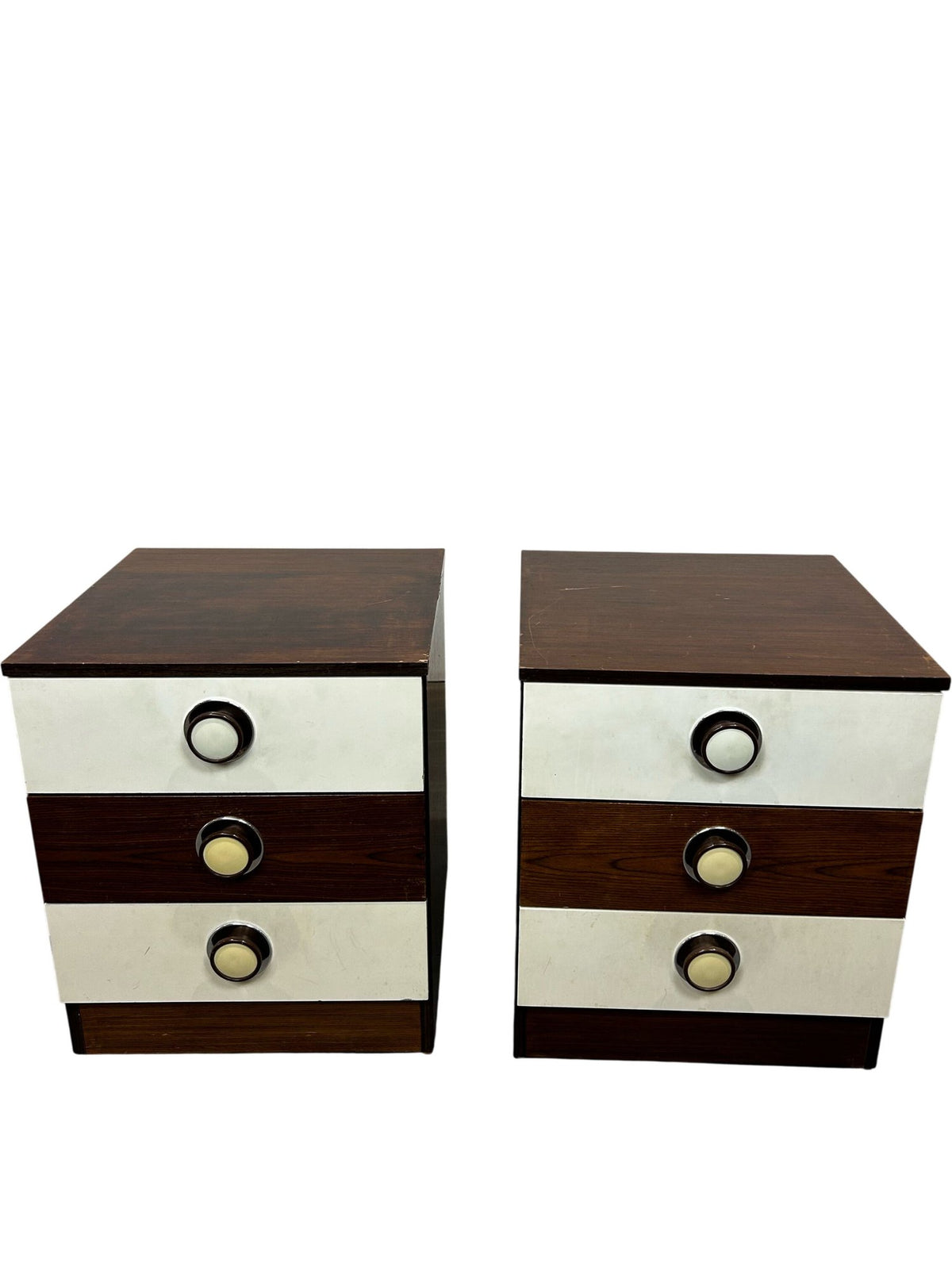 Pair of Retro 3 Drawer Bedside Cabinets Brown & Cream (Pre-Loved)