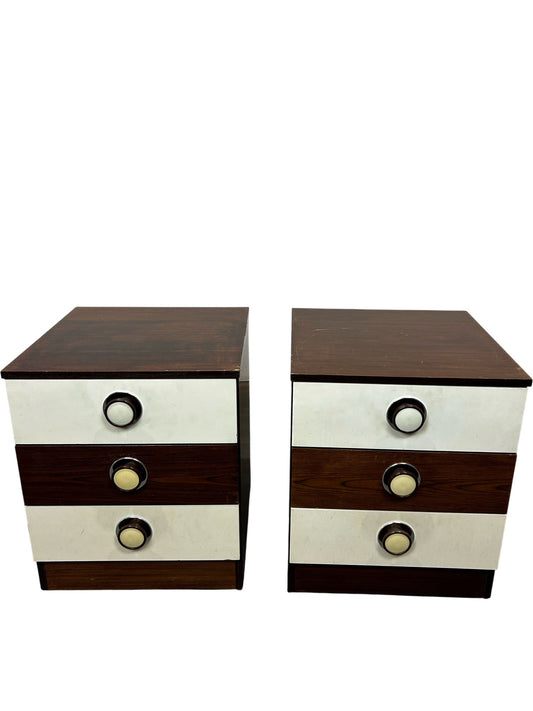 Pair of Retro 3 Drawer Bedside Cabinets Brown & Cream (Pre-Loved)