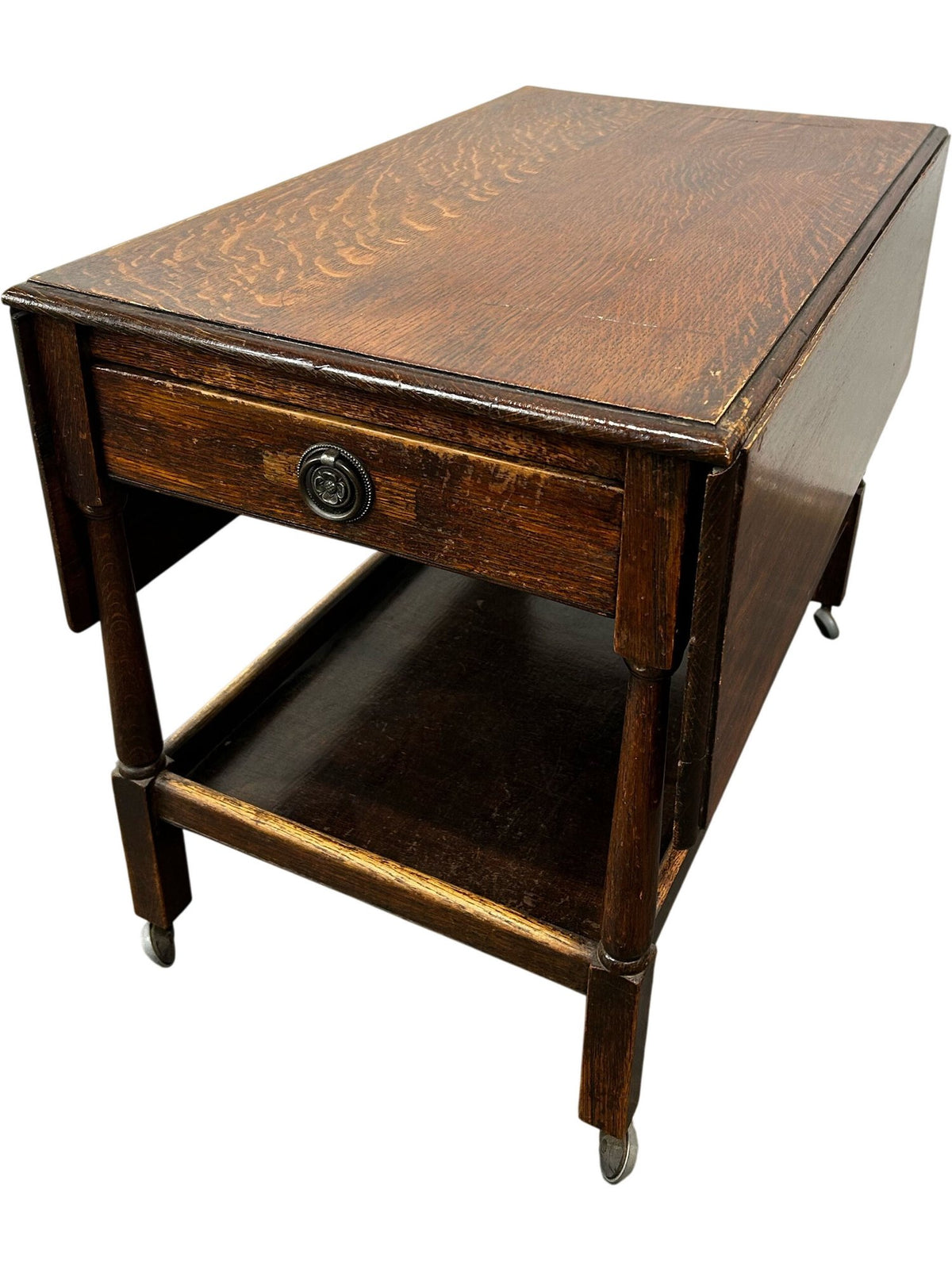 Vintage Drop Leaf Side Table with Drawer, Shelf & Castors (Pre-Loved)