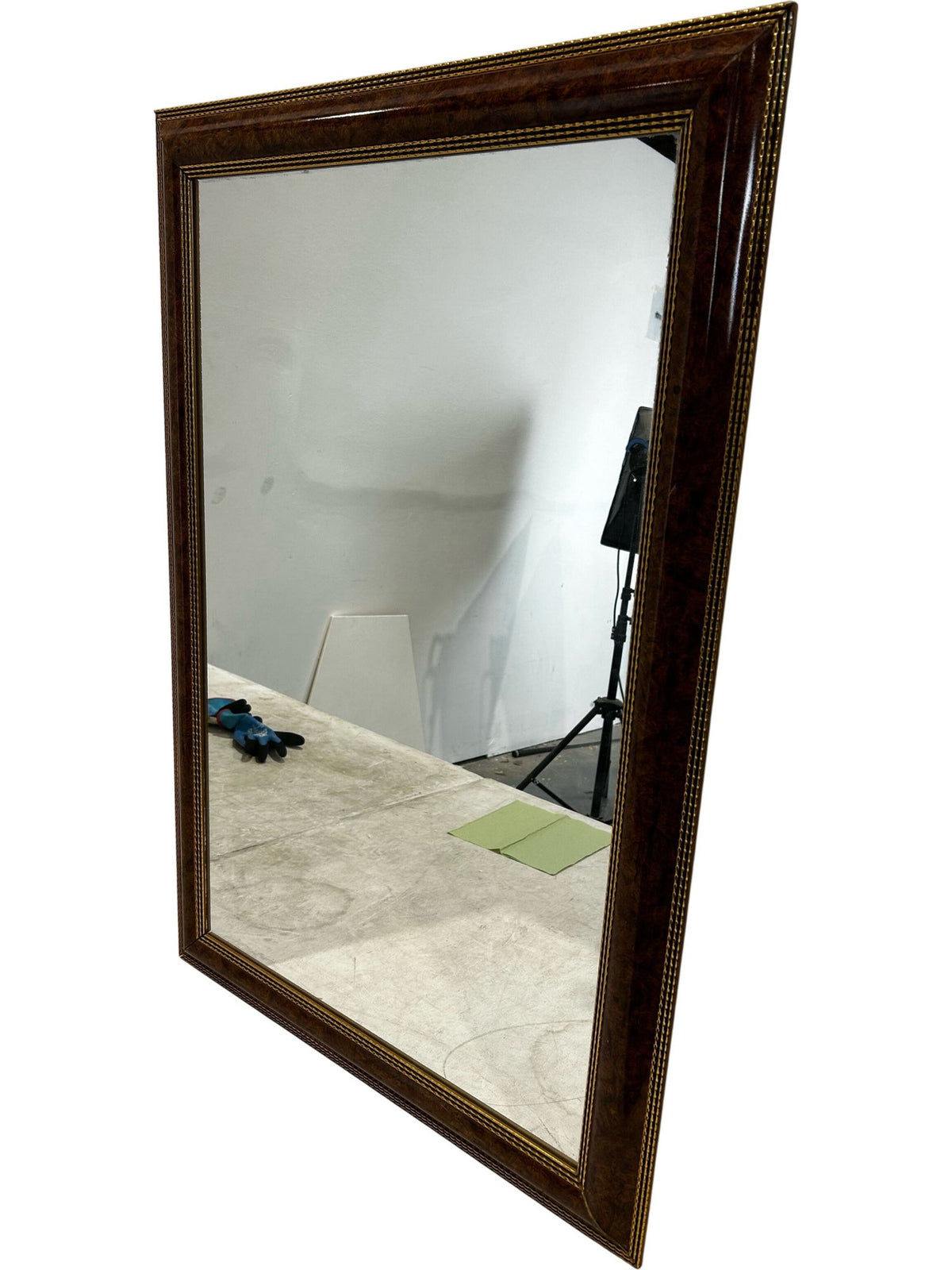 Large Vintage Style Brown Wood Effect Gold Trim Wall Mirror 99cm (Pre-Loved)