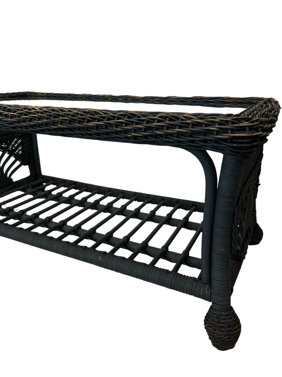 PE Rattan Garden Coffee Table Glass Top Lower Shelf Patio (Pre-Loved)