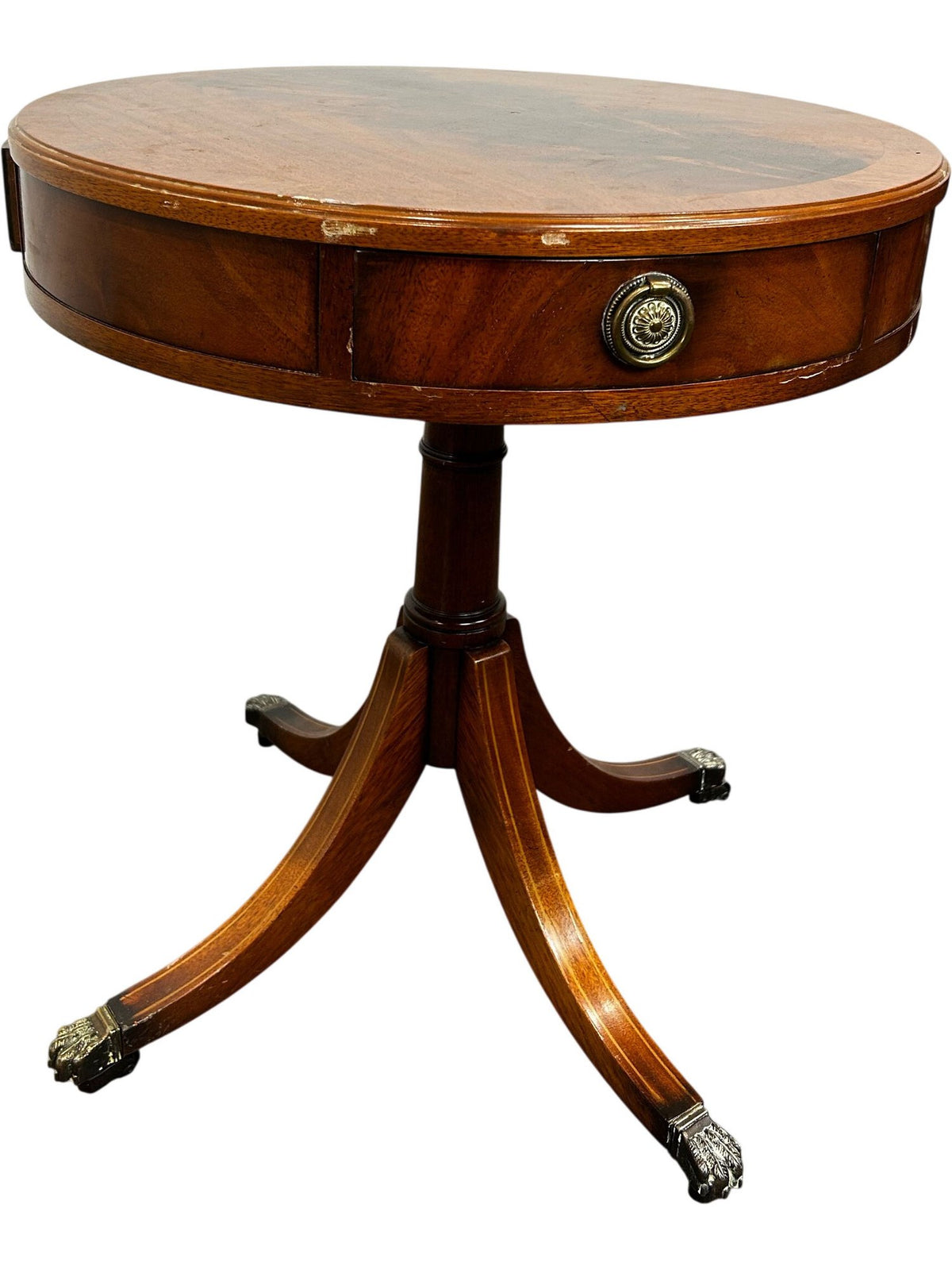 Round Wooden Pedestal Side Table with Drawers & Claw Feet (Pre-Loved)