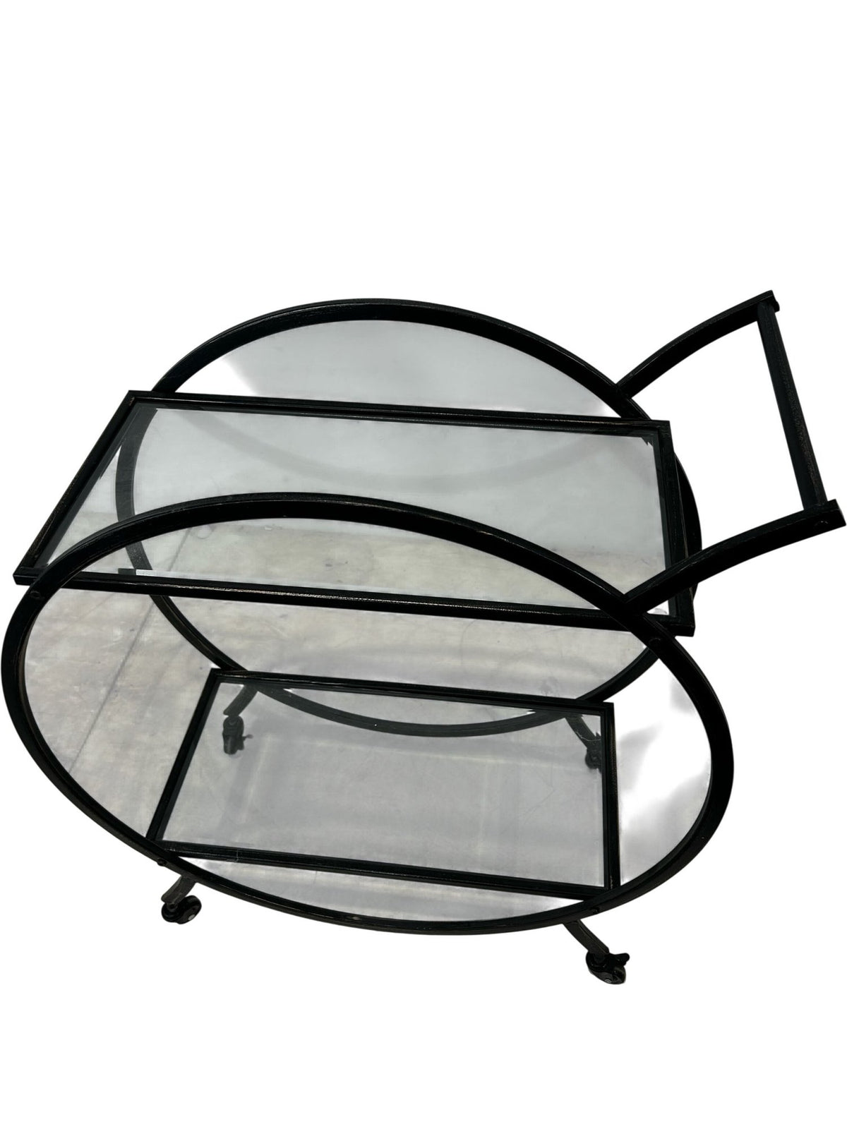 Black Metal Drinks Trolley Bar Cart 2 Glass Shelves Round Frame (Pre-Loved)