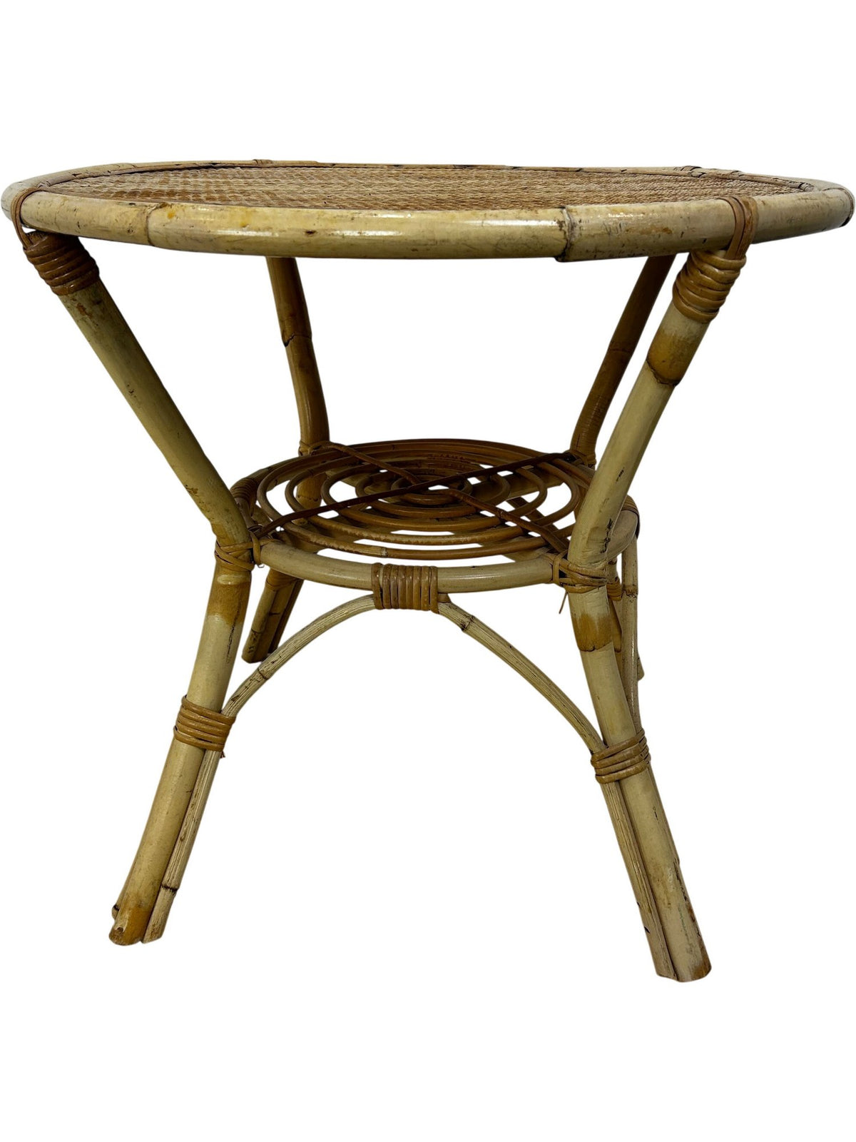 Vintage Rattan Wicker Round Side Table Boho Conservatory 60cm (Pre-Loved)