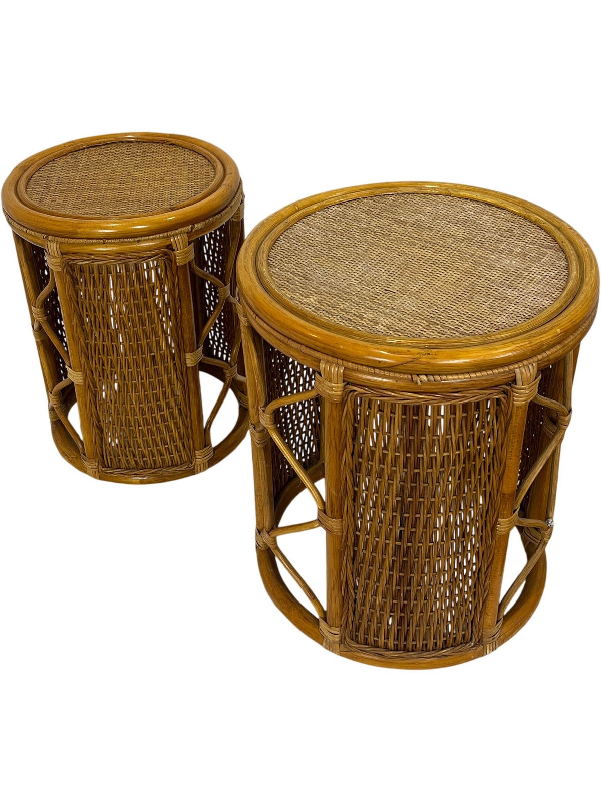 Vintage Rattan Bamboo Woven Round Nesting Side Tables (Pre-Loved)