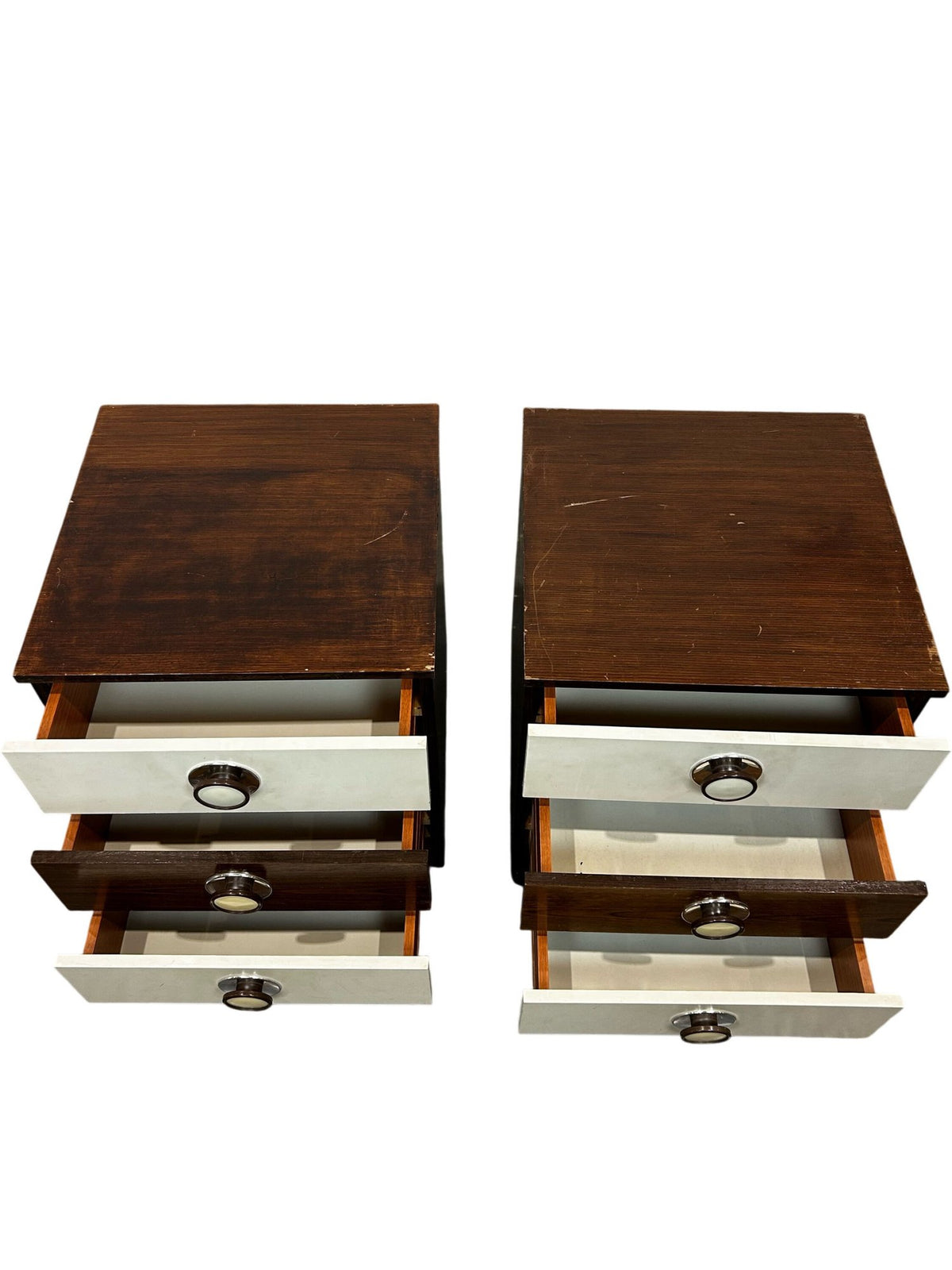 Pair of Retro 3 Drawer Bedside Cabinets Brown & Cream (Pre-Loved)