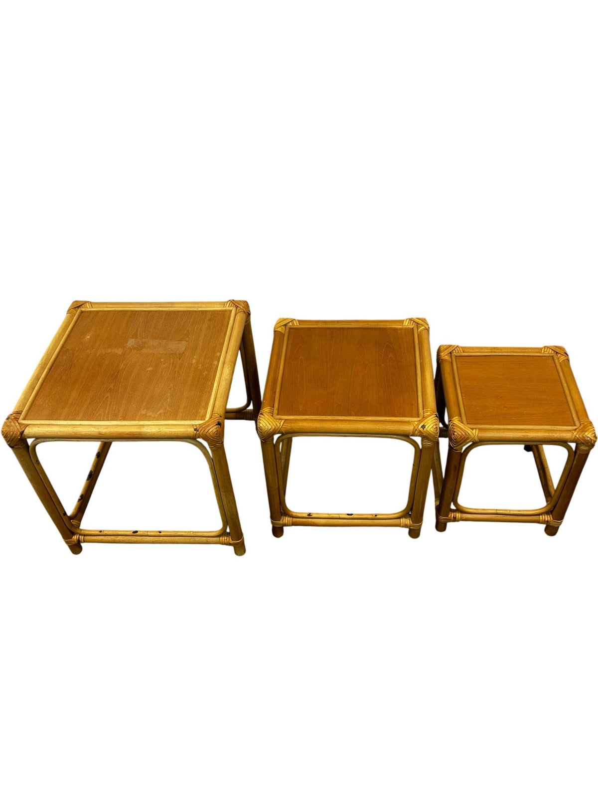 Rattan Nest of 3 Square Side Tables Natural Boho Wicker Style (Pre-Loved)