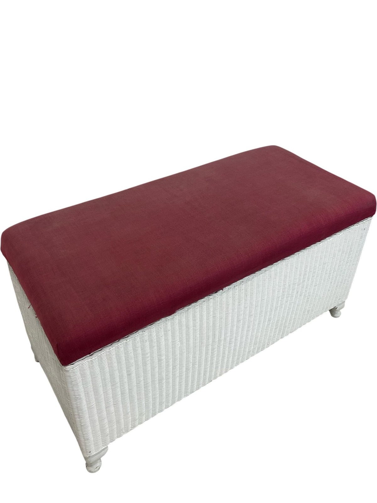 White Wicker Storage Bench Lift Up Burgundy Cushion Ottoman (Pre-Loved)