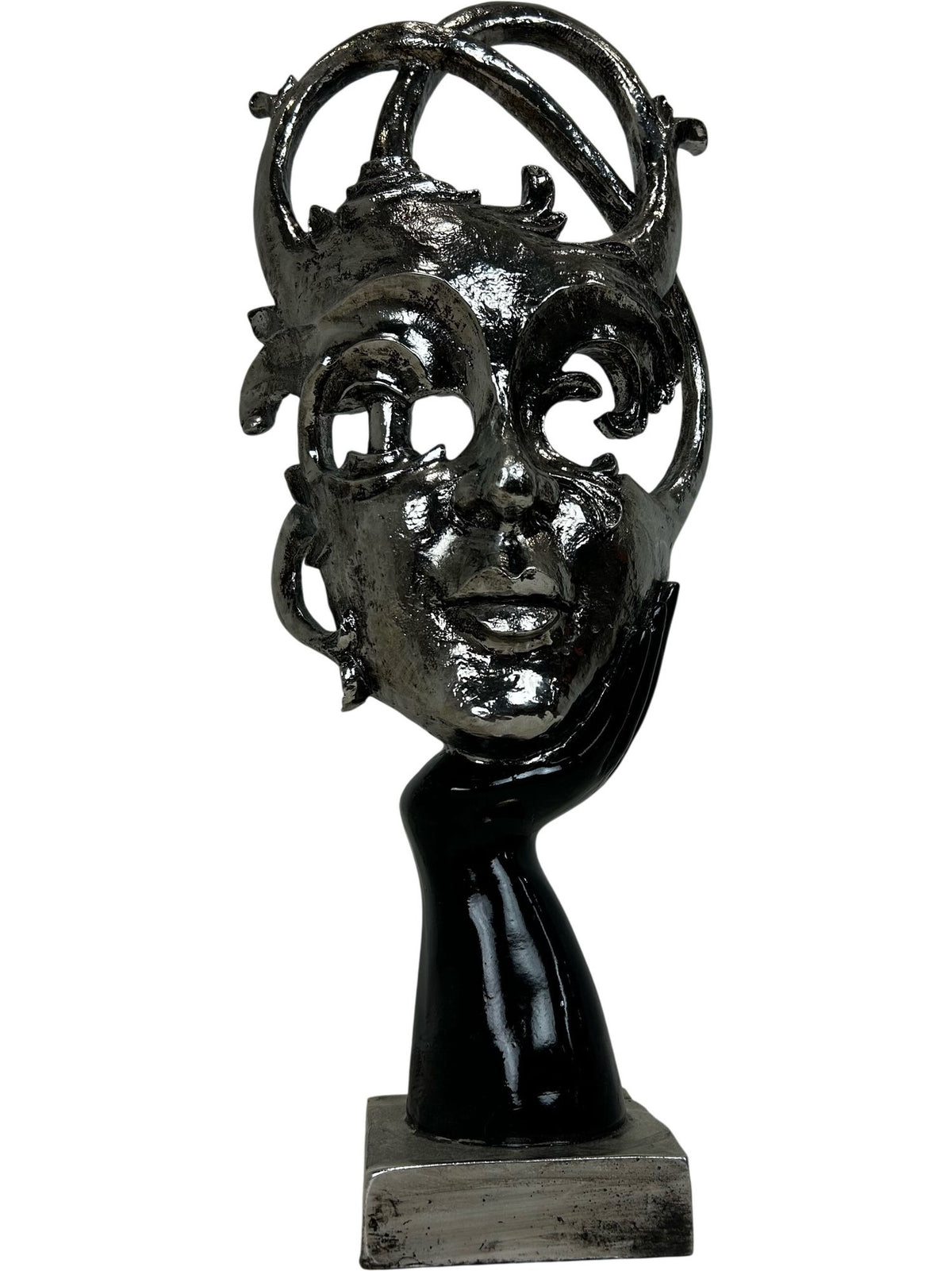 Abstract Face Sculpture Silver Black Modern Statement Decor 57cm (Pre-Loved)