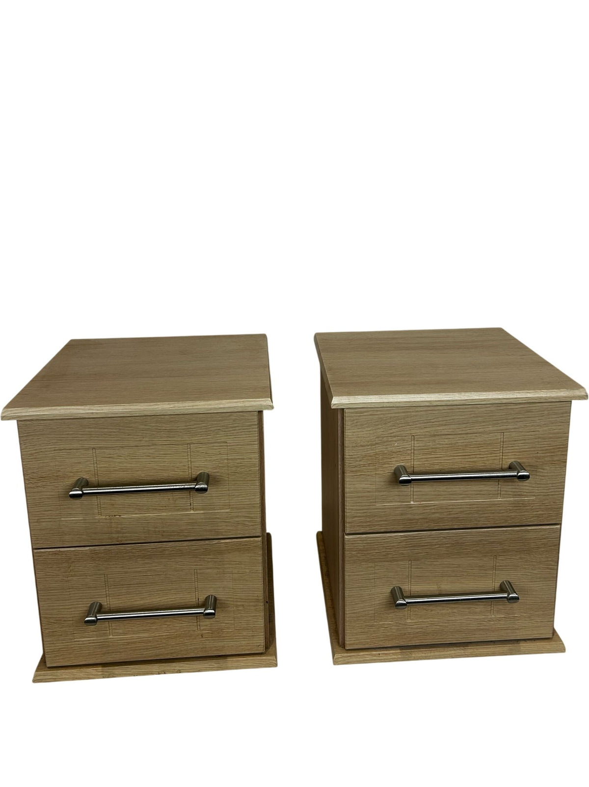 Pair of 2 Light Wood Effect Bedside Tables 2 Drawers Metal Handles (Pre-Loved)