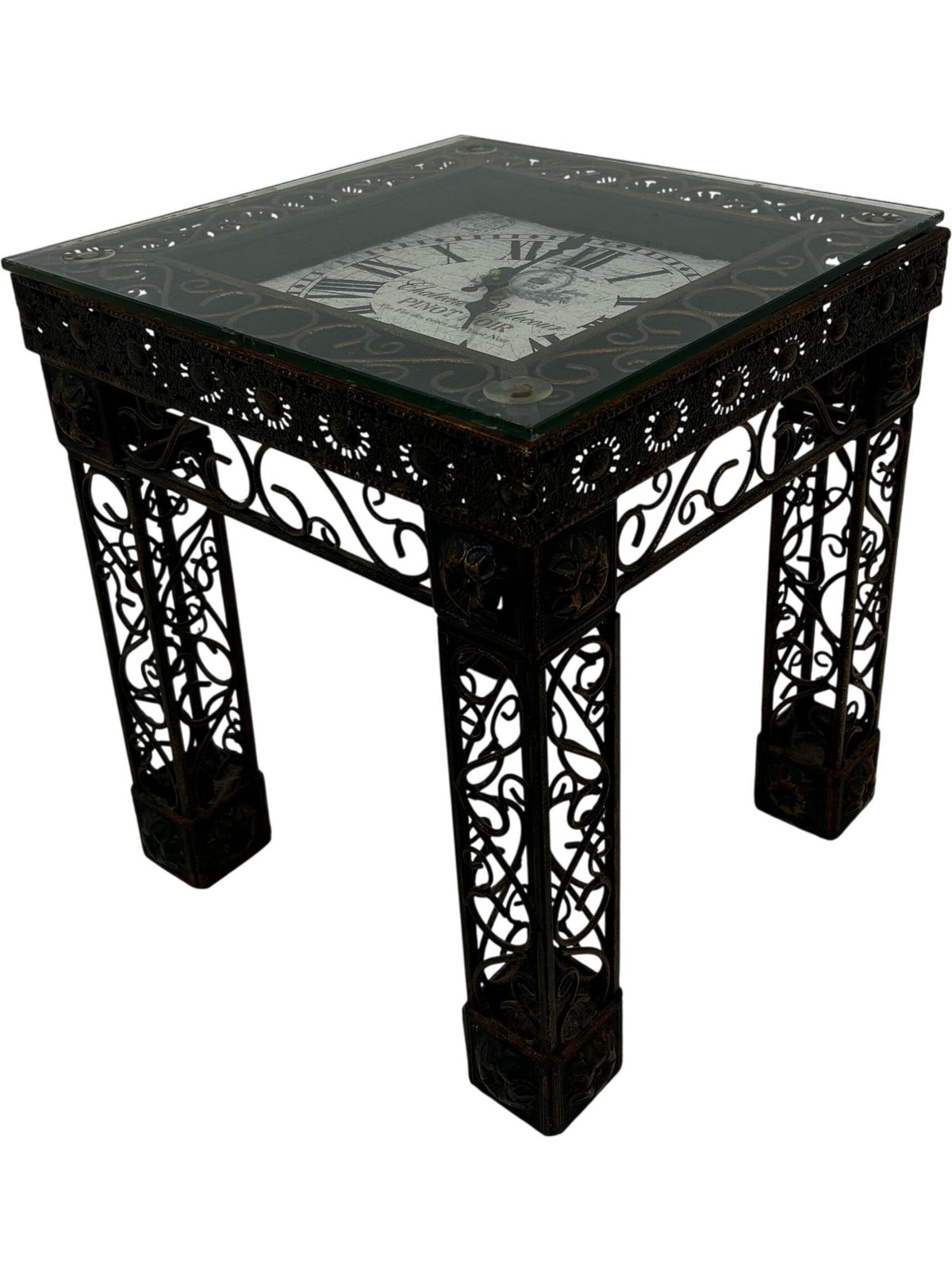 Vintage Style Metal & Glass Side Table with Clock Top Roman Numerals (Pre-Loved)