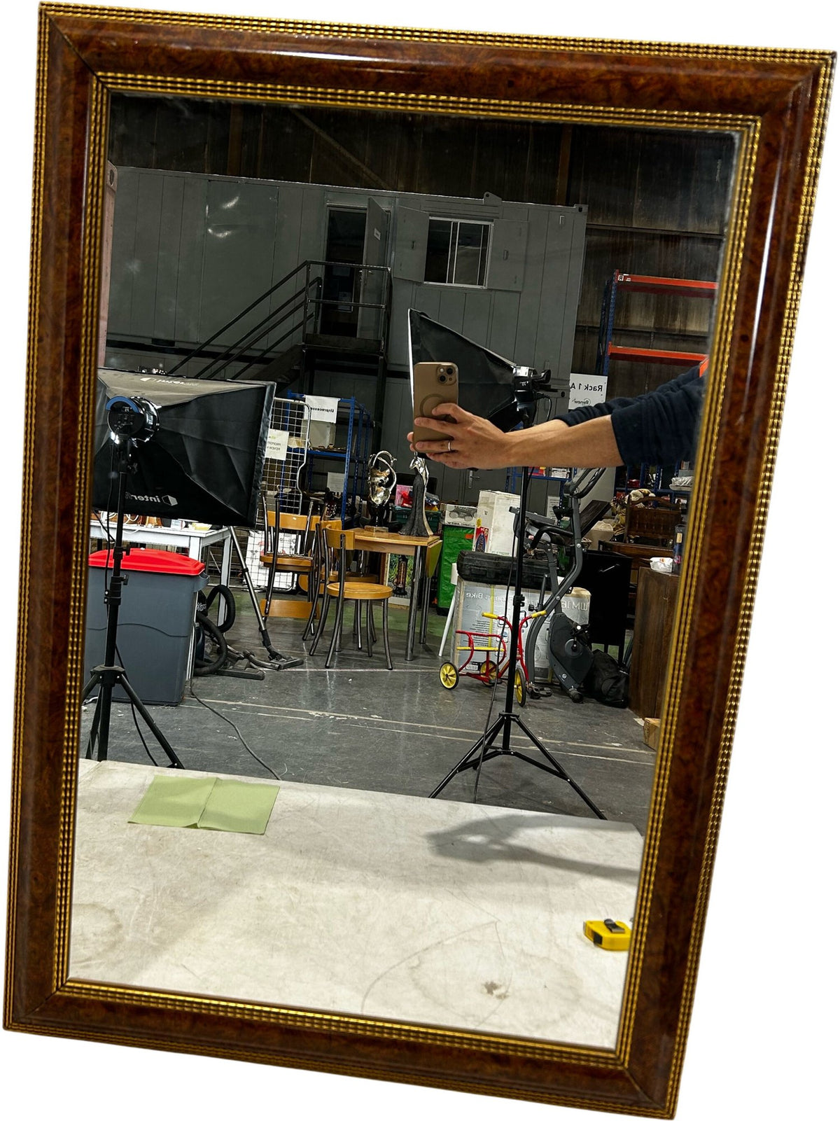 Large Vintage Style Brown Wood Effect Gold Trim Wall Mirror 99cm (Pre-Loved)