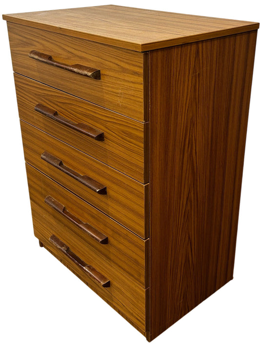 Wooden 5 Drawer Chest Brown Storage Unit on Castors Retro Style (Pre-Loved)