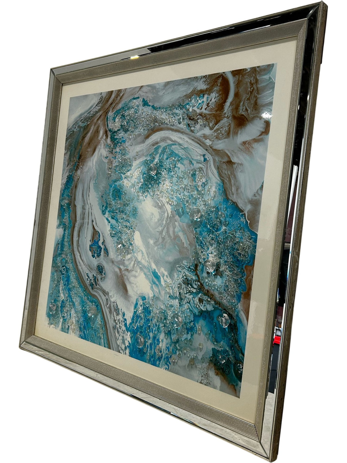 Large Blue White Abstract Marble Effect Wall Art Silver Frame 89cm (Pre-Loved)