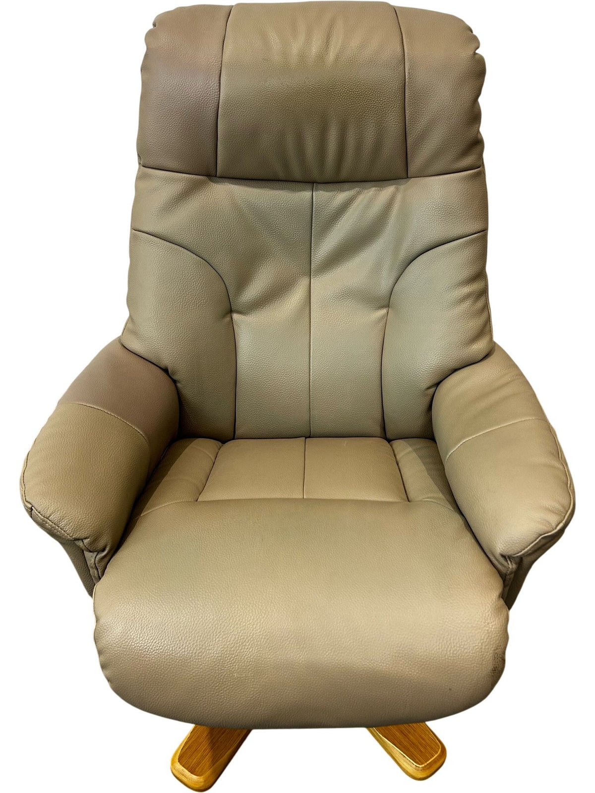 Beige High Back Swivel Recliner Armchair with Wooden Base (Pre-Loved)