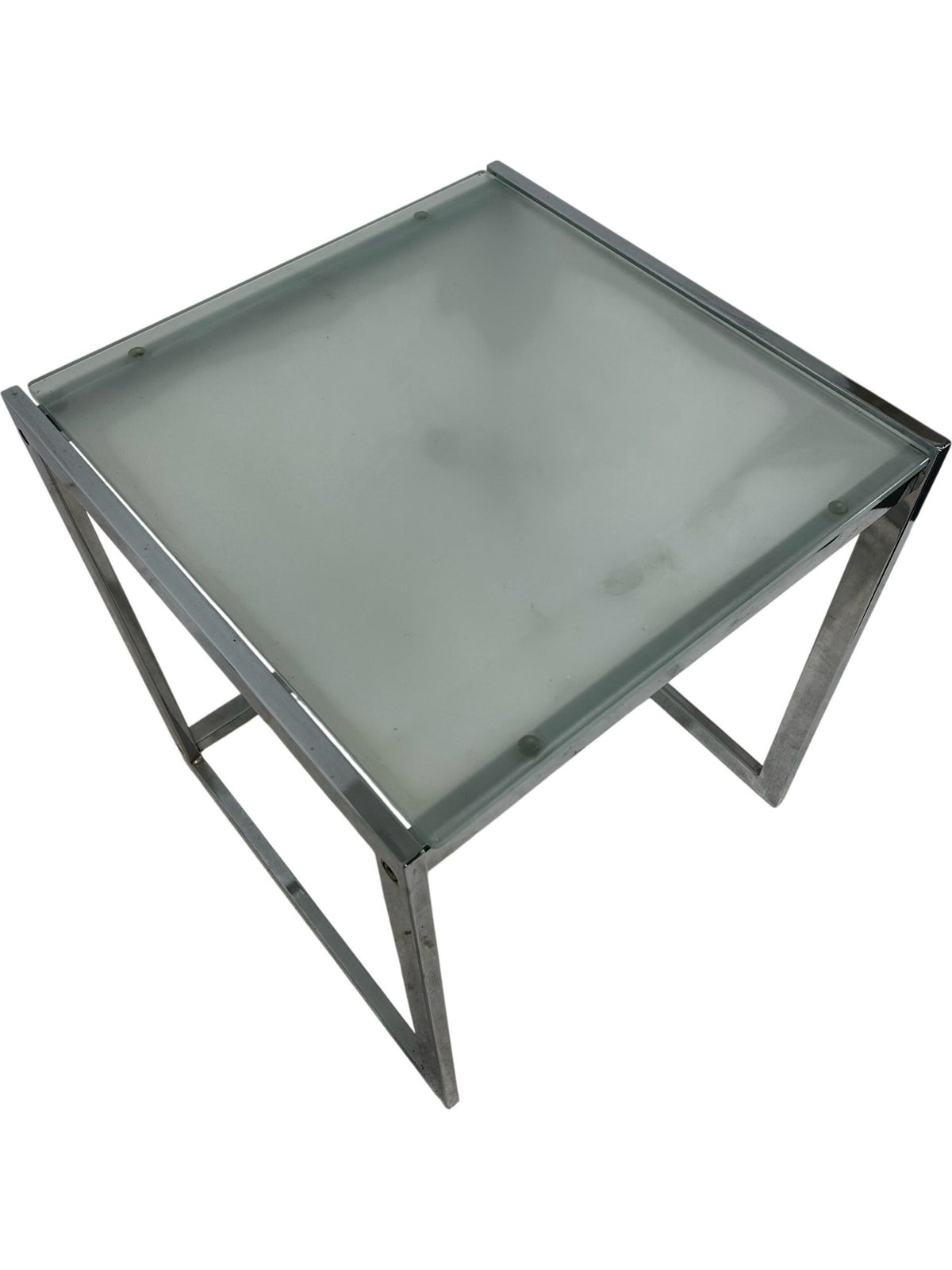 40cm Square Glass Side Table Silver Metal Frame (Pre-Loved)