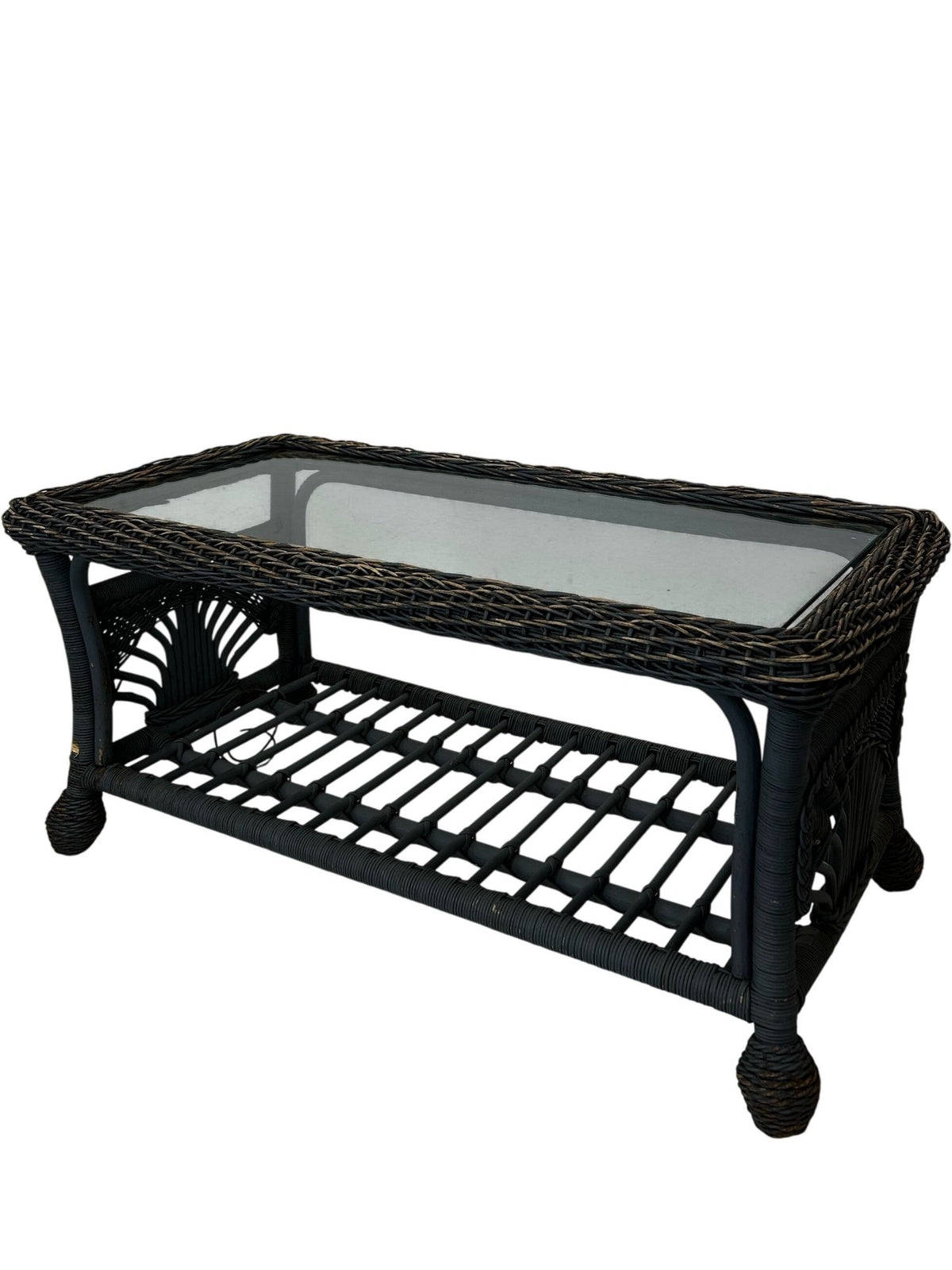PE Rattan Garden Coffee Table Glass Top Lower Shelf Patio (Pre-Loved)