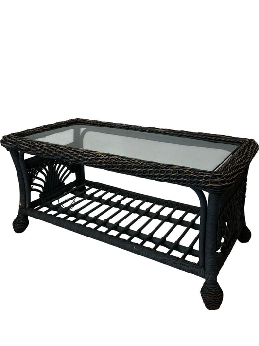 PE Rattan Garden Coffee Table Glass Top Lower Shelf Patio (Pre-Loved)