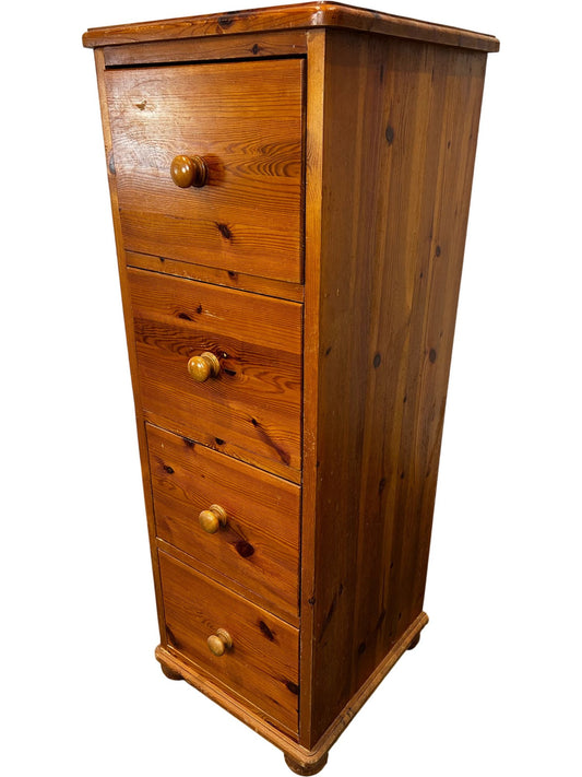 Solid Wood Pine Tallboy Chest of Drawers 4 Drawer Narrow Storage (Pre-Loved)