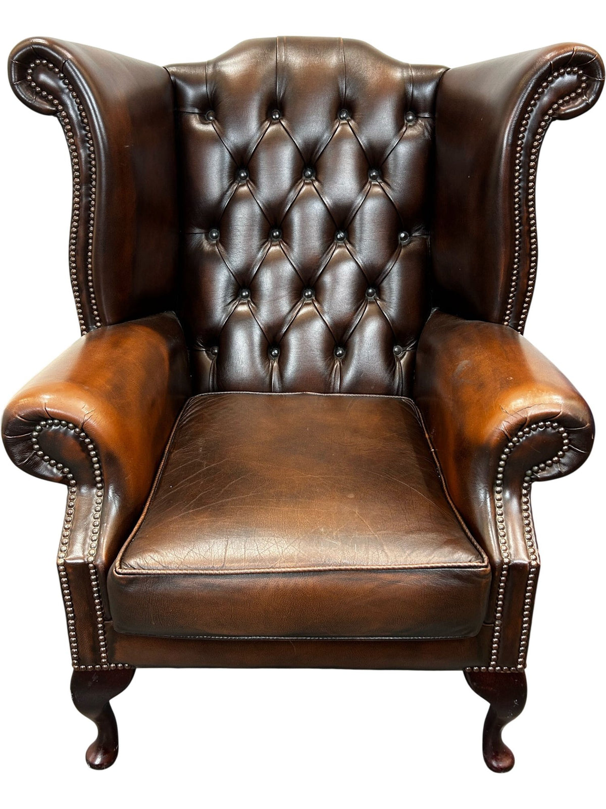 Vintage Wingback Armchair Button Tufted Brown Studded Trim (Pre-Loved)
