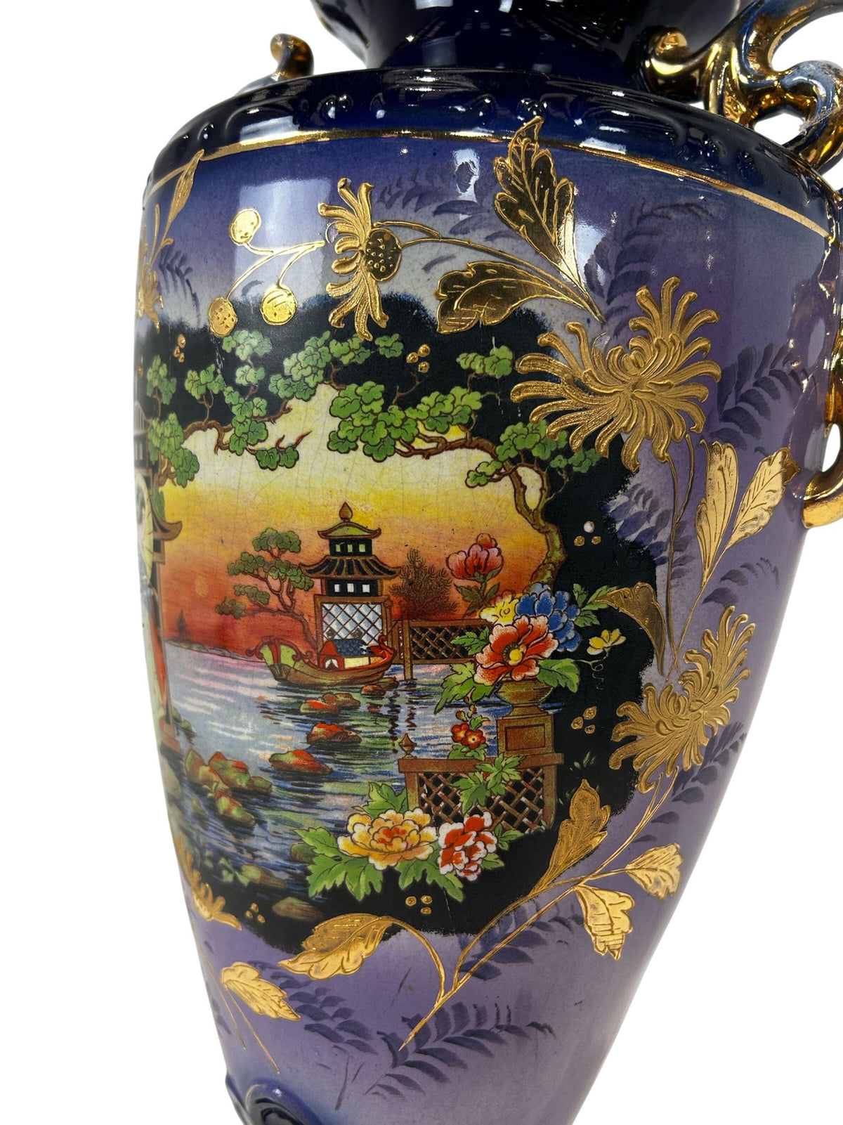 Ornate Blue Ceramic Vase Oriental Style Decorative Handles (Pre-Loved)