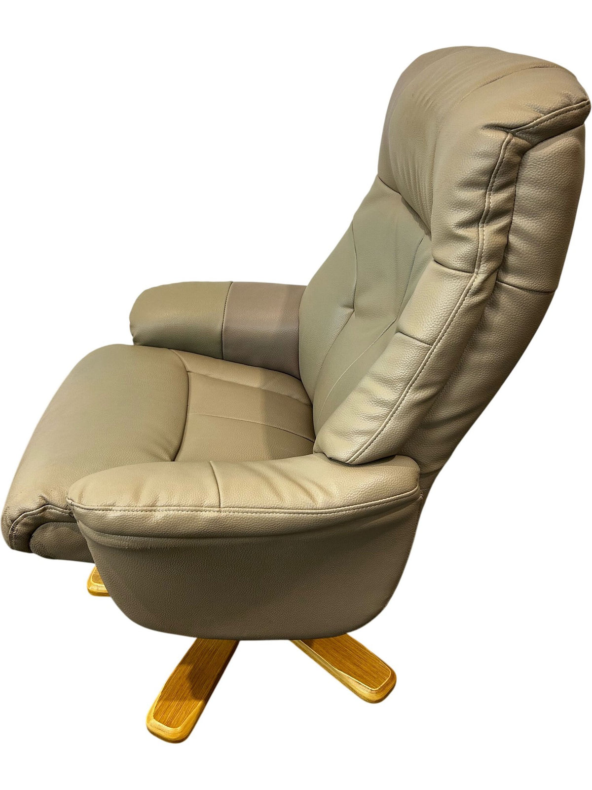 Beige High Back Swivel Recliner Armchair with Wooden Base (Pre-Loved)