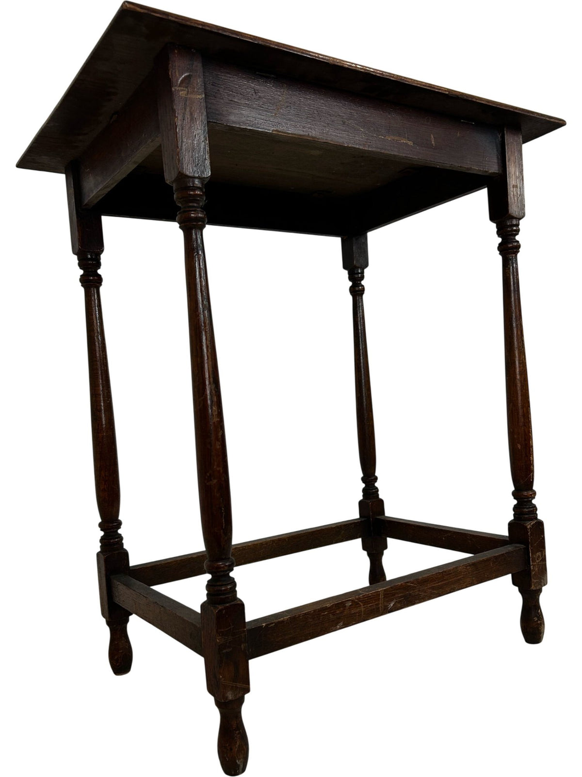 Traditional Dark Wood Side Table Turned Legs Stretcher Square (Pre-Loved)