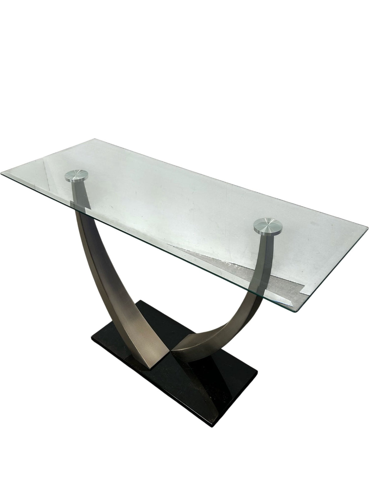 Glass Coffee Table Curved Metal Base Black Plinth Modern Living Room (Pre-Loved)