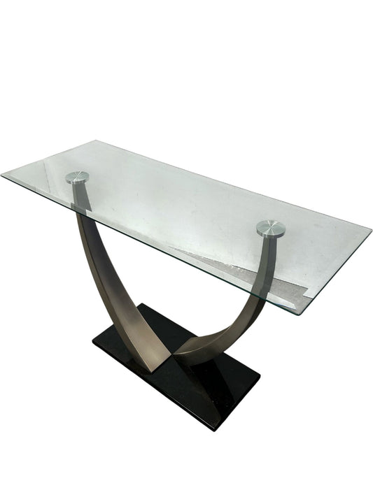 Glass Coffee Table Curved Metal Base Black Plinth Modern Living Room (Pre-Loved)