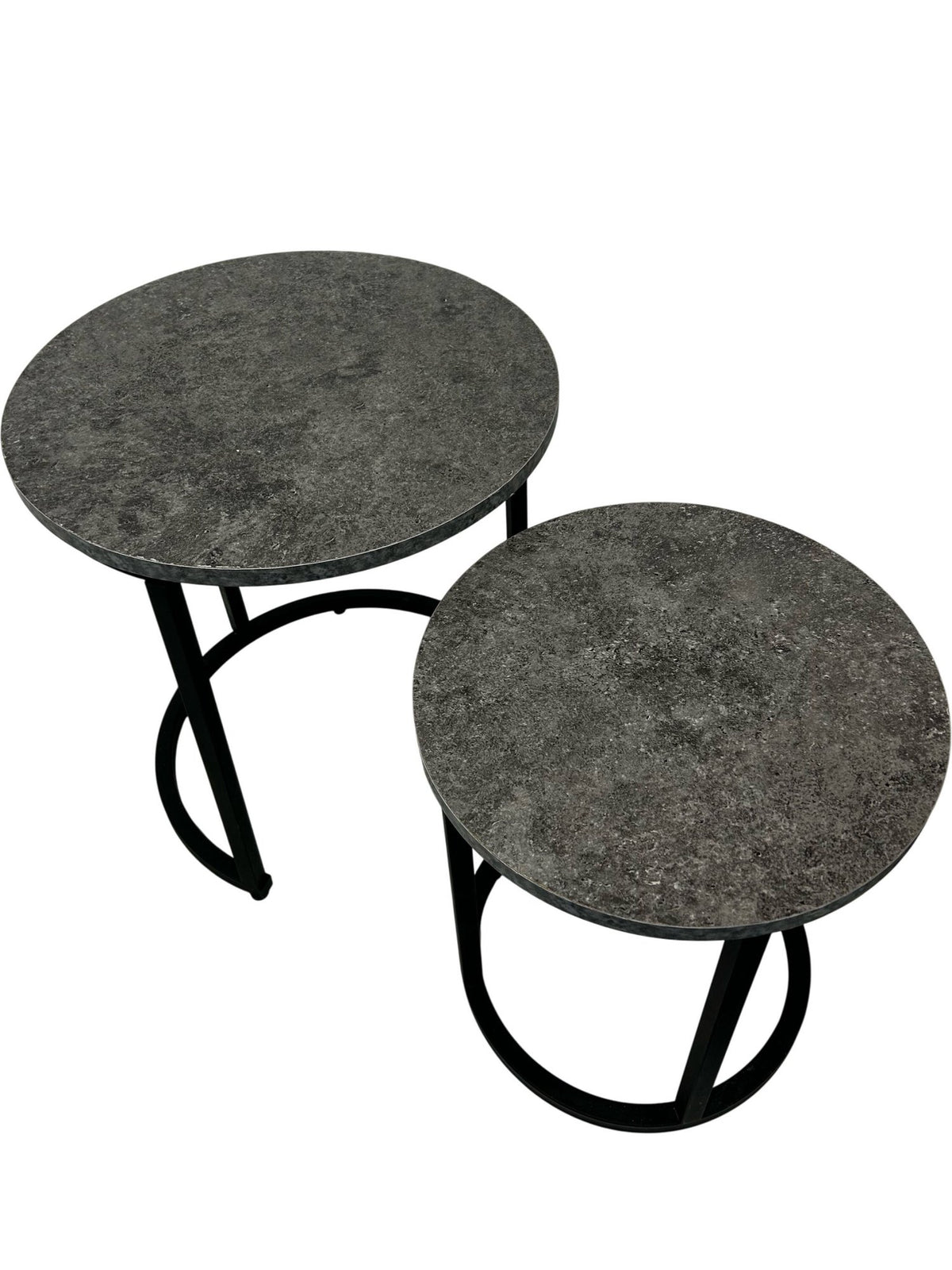 Set of 2 Round Nesting Side Tables Black Metal Frame Grey Tops (Pre-loved)