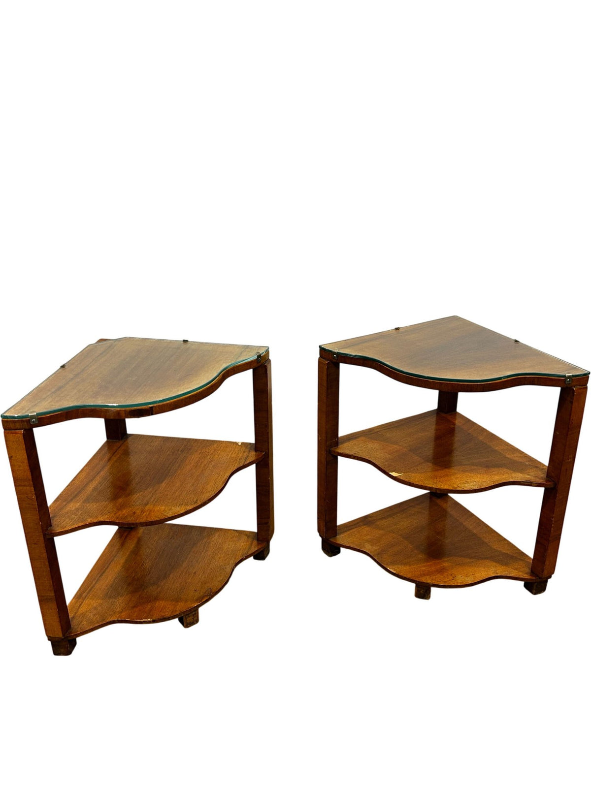 Pair of Wooden 3-Tier Corner Tables with Glass Tops (Pre-Loved)