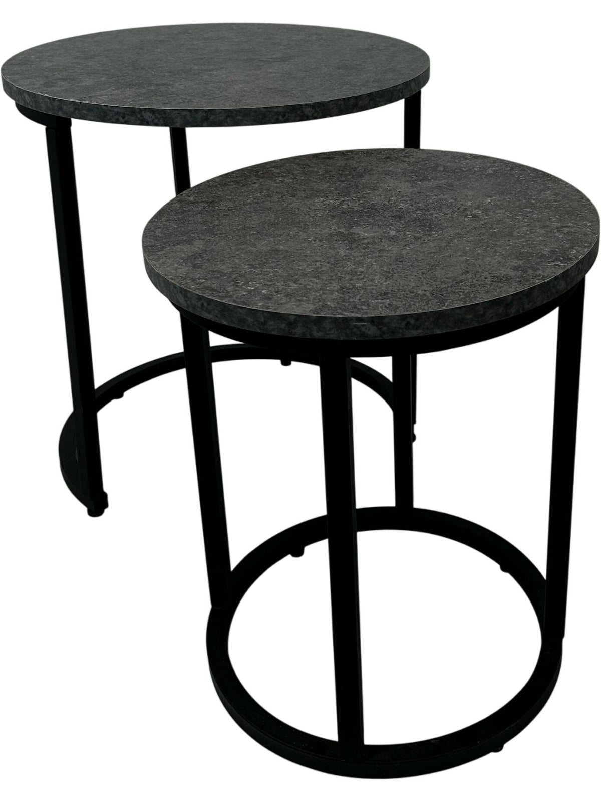 Set of 2 Round Nesting Side Tables Black Metal Frame Grey Tops (Pre-loved)